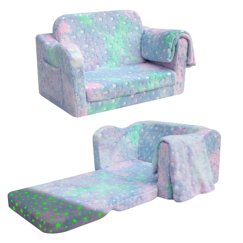MeMoreCool Kids Couch Folding Kids Sofa Bed Toddler Convertible Sofa Chair to Lounger Pull Out Couch for Playroom Glow In The Dark