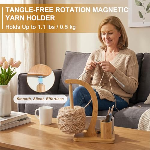 SPEENSUN Yarn Holder for Crochet Bamboo Yarn Spinner with Magnetic Rotating AntiTangle Design 11lbs Capacity 3in1 Storage for HooksMarkers Phone Stand Best Crochet Accessories Gifts - Image 3