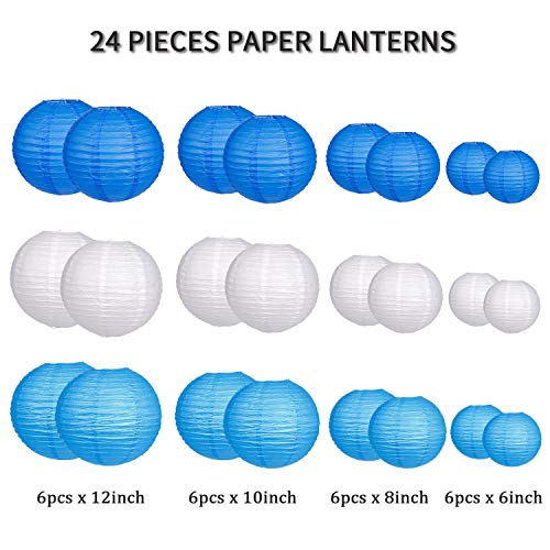 zilue 24pcs Hanging Round Paper Lanterns for Wedding Birthday Party Baby Showers Decoration Blue/White - Image 2