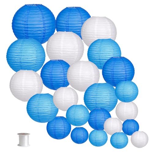 zilue 24pcs Hanging Round Paper Lanterns for Wedding Birthday Party Baby Showers Decoration Blue/White - Image 1