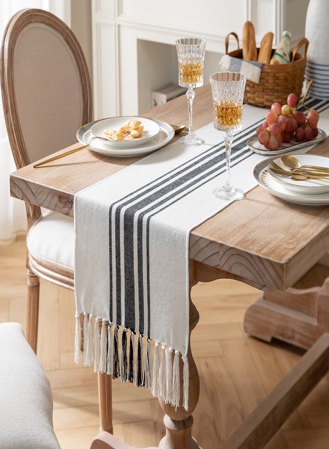 Caflife Boho Table Runner for Modern Farmhouse Decor, Dining Table décor 13 x 72 Inch Long, Coffee Table Runner with Handcrafted Tassels, Black and Beige Stripe Table Runner for Home Boho décor - Image 2