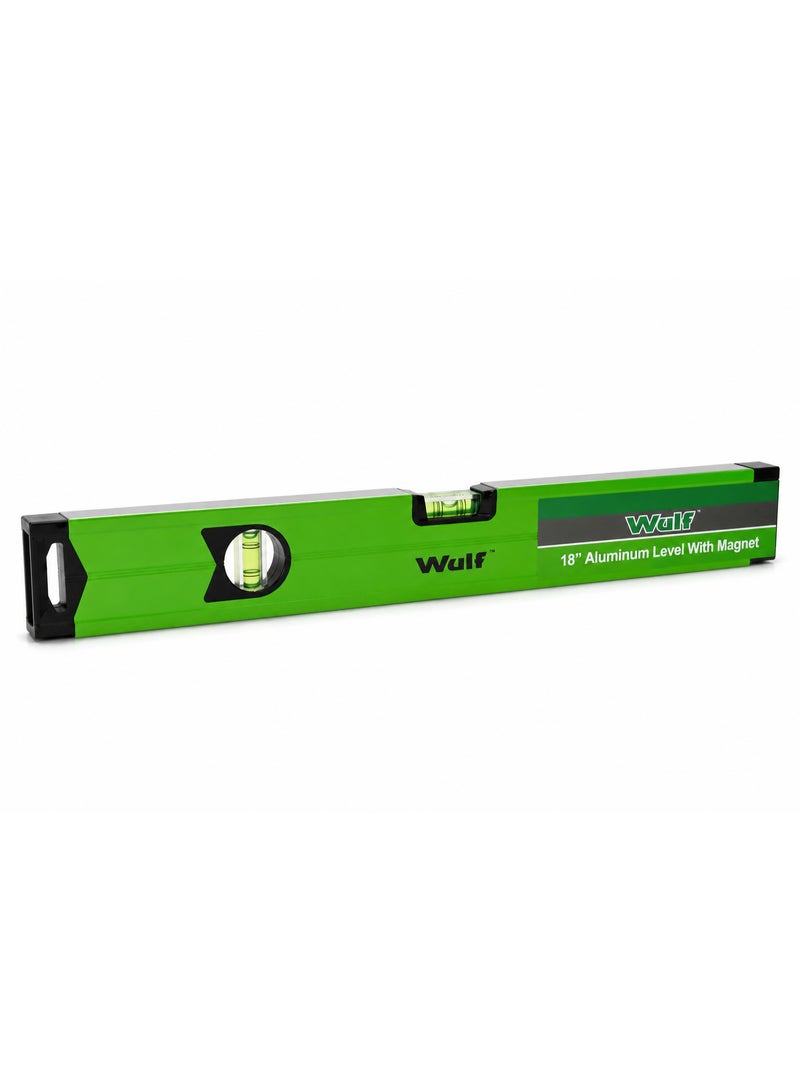 WULF 18 Inch Aluminum Level with Magnet, Heavy Duty Magnetic Spirit Level with Precision Bubble Vials for Construction, Carpentry, Framing & DIY Alignment Work - Image 1