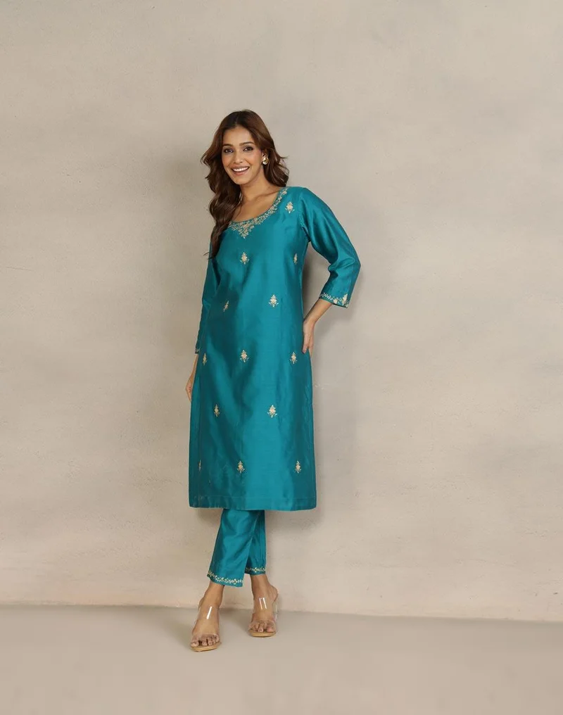 Fabindia Teal Cotton Silk Embroidered 2pc Kurta Set