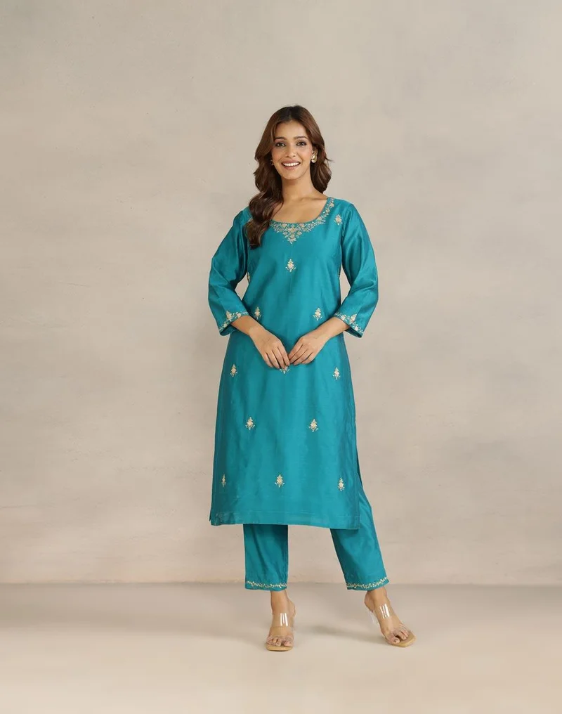 Fabindia Teal Cotton Silk Embroidered 2pc Kurta Set