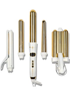 FoxyBae FoxyBae 5in1 Interchangeable Hair Tools Set  1 Flat Iron Hair Straightener 3 Barrels Hair Crimper 3 Ceramic Curling Wands 075125 Salon Grade Waver  Curler Pearl White  Gold 