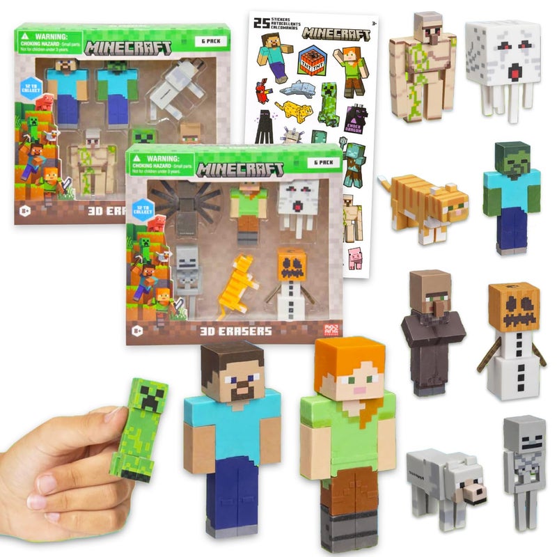 MINECRAFT مجموعة هدايا حفلة ماين كرافت - حزمة تحتوي على 12 ممحاة ألعاب فيديو تضم كريبر، زومبي، والمزيد بالإضافة إلى ملصقات | مجموعة مستلزمات حفلة ماين كرافت للأطفال، الأولاد، البنات - Image 4