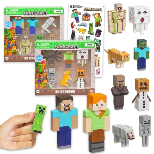 MINECRAFT مجموعة هدايا حفلة ماين كرافت - حزمة تحتوي على 12 ممحاة ألعاب فيديو تضم كريبر، زومبي، والمزيد بالإضافة إلى ملصقات | مجموعة مستلزمات حفلة ماين كرافت للأطفال، الأولاد، البنات - Image 1