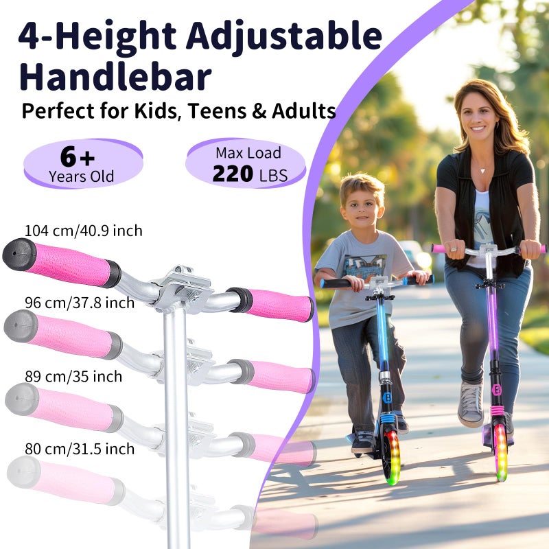 BELEEV V8 Scooters for Kids Ages 6+ with Light-Up Wheel & Stem & Deck, 2 Wheel Folding Scooter for Adults Teens, 4 Adjustable Height, Lightweight Sport Commuter Scooter, up to 220lbs (Galaxy Purple) - Image 4