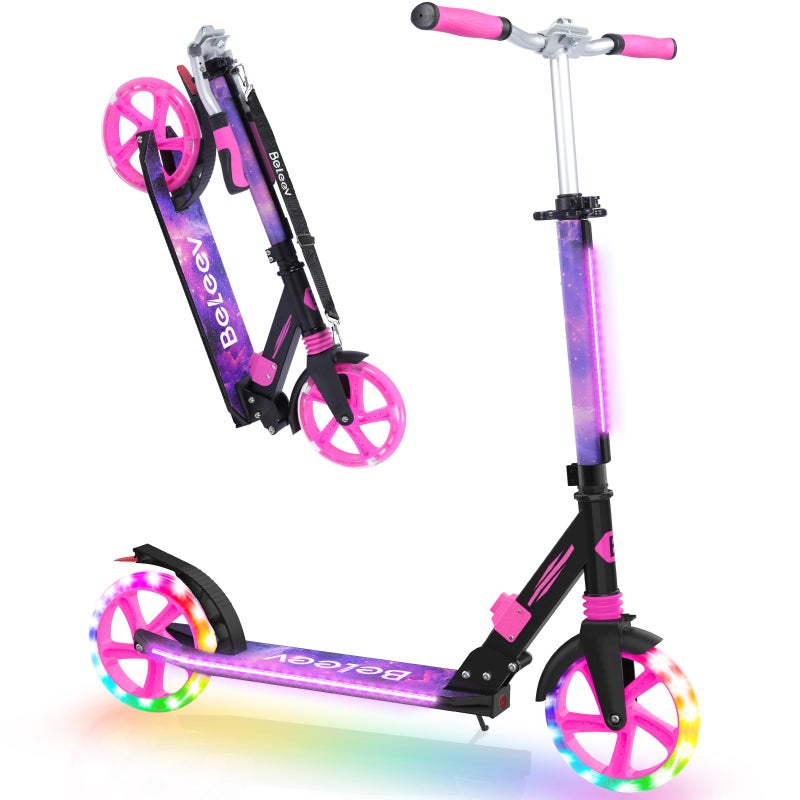 BELEEV V8 Scooters for Kids Ages 6+ with Light-Up Wheel & Stem & Deck, 2 Wheel Folding Scooter for Adults Teens, 4 Adjustable Height, Lightweight Sport Commuter Scooter, up to 220lbs (Galaxy Purple) - Image 1