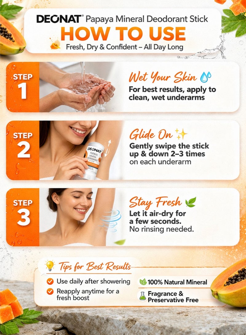 ديونات مزيل عرق معدني بالبابايا 100 جرام تفتيح طبيعي حجر الشبة خالي من المواد الكيميائية خالي من العطور والمواد الحافظة حماية طويلة من التعرق والرائحة تفتيح تحت الإبط للرجال والنساء عبوة مزدوجة 2 قطعة - Image 5