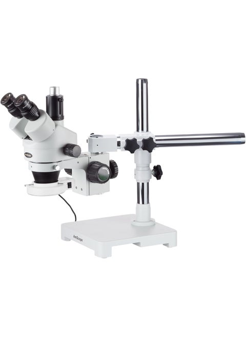 AmScope SM3TZZ54S Professional Trinocular Stereo Zoom Microscope WH10x and WH20x Eyepieces 35X180X Magnification 07X45X Zoom Objective 54Bulb LED Light SingleArm Boom Stand 110V240V Includes 05X and 20X Barlow Lenses