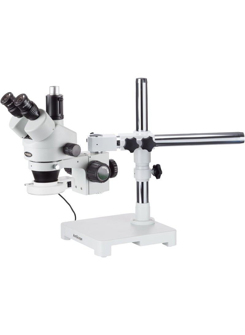 AmScope AmScope SM3TZZ54S Professional Trinocular Stereo Zoom Microscope WH10x and WH20x Eyepieces 35X180X Magnification 07X45X Zoom Objective 54Bulb LED Light SingleArm Boom Stand 110V240V Includes 05X and 20X Barlow Lenses  - Image 1