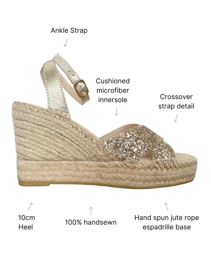 SHOEQ Champagne Glitter Lucia Espadrille Wedge for Women | Best Price UAE