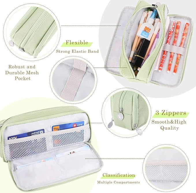 LABUK Large Capacity Pencil Case Pouch, Cute Aesthetic Big Capacity Zipper Cases Pen Portable Office Stationery Makeup Bag, Desk Organizer for College Adults Women Men (Specail- Green Pista/1) - Image 5