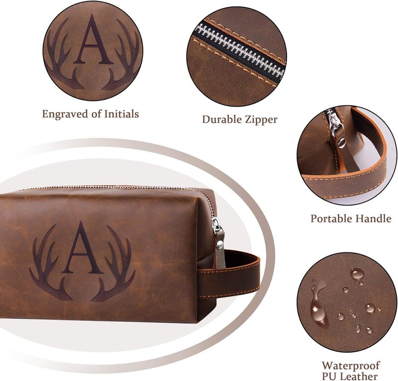 Aganmi Unique Fathers Day Birthday Gifts Engraved Initial Travel Toiletry Bag for Men Personalized PU Leather Waterproof Shaving Bag for Toiletries Accessories Travel Essentials for Him (J) - Image 4