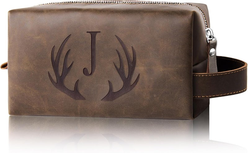 Aganmi Unique Fathers Day Birthday Gifts Engraved Initial Travel Toiletry Bag for Men Personalized PU Leather Waterproof Shaving Bag for Toiletries Accessories Travel Essentials for Him (J) - Image 1