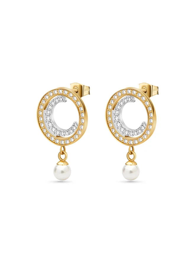 CERRUTI 1881 Cristales Earrings with Crystal-Embedded "C" Motif, Gold-Plated Ring, and Timeless Luxury Design