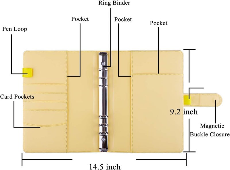 Antner A5 Notebook Binder 6 Ring Refillable Budget Planner Cover for Cash Organizer, PU Leather Aesthetic Photocard Holder Loose Leaf Small Binder with Magnetic Buckle for A5 Planner Inserts, Yellow - Image 2