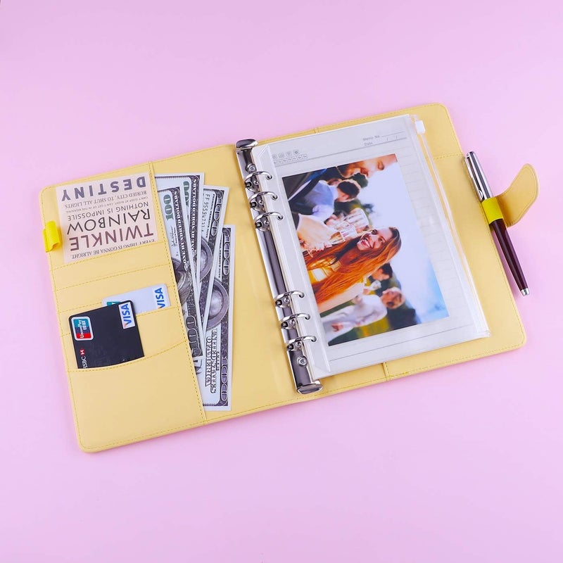 Antner A5 Notebook Binder 6 Ring Refillable Budget Planner Cover for Cash Organizer, PU Leather Aesthetic Photocard Holder Loose Leaf Small Binder with Magnetic Buckle for A5 Planner Inserts, Yellow - Image 3