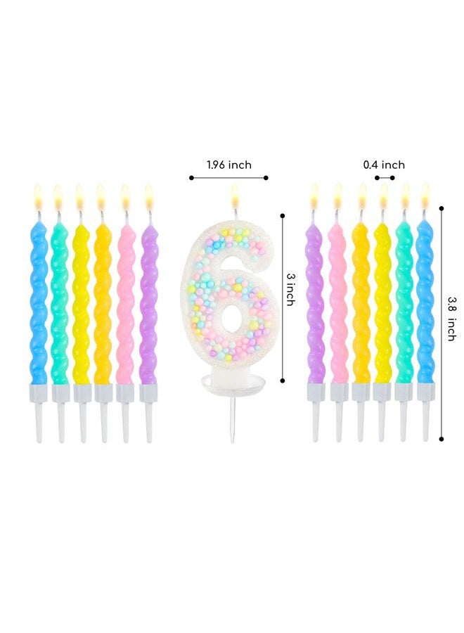 PHD CAKE Number 6 Birthday Candle Macaron Glitter Number Candle with Rainbow Spiral Candles in Holders for Cake Topper, Pastel Sweet Theme Party Decoration - Image 5