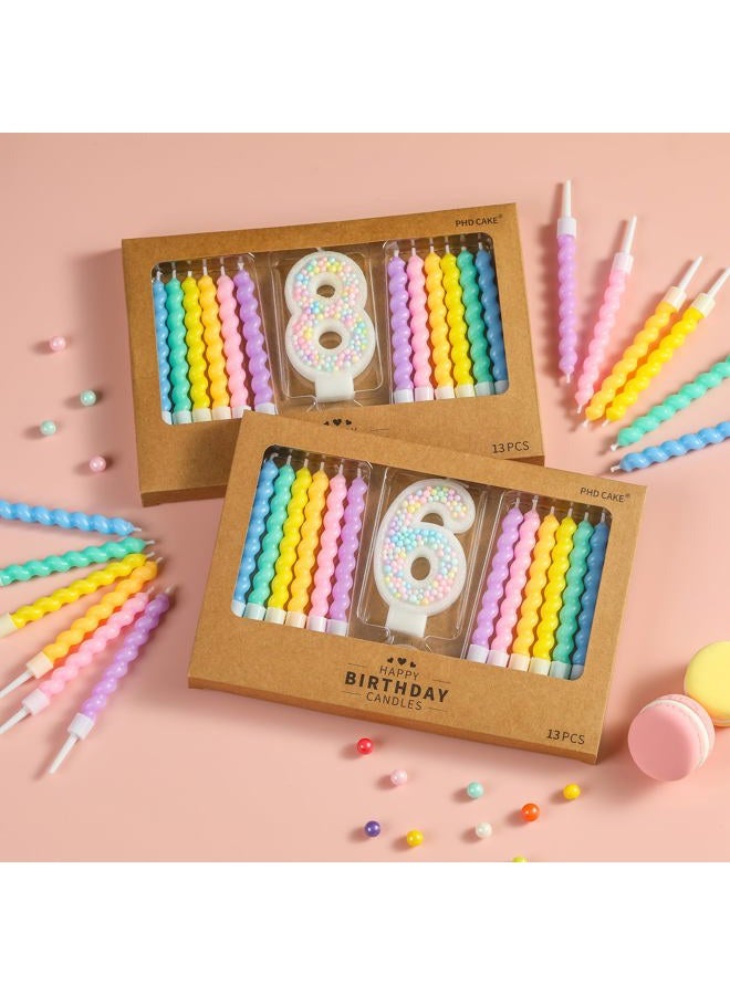 PHD CAKE Number 6 Birthday Candle Macaron Glitter Number Candle with Rainbow Spiral Candles in Holders for Cake Topper, Pastel Sweet Theme Party Decoration - Image 3