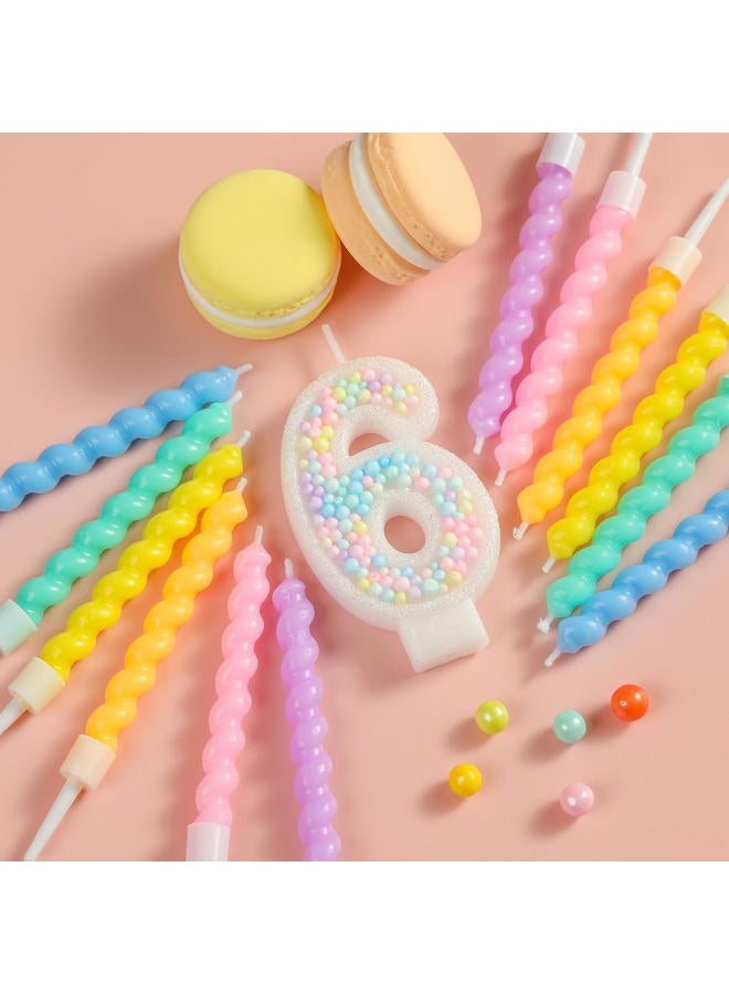PHD CAKE Number 6 Birthday Candle Macaron Glitter Number Candle with Rainbow Spiral Candles in Holders for Cake Topper, Pastel Sweet Theme Party Decoration - Image 2