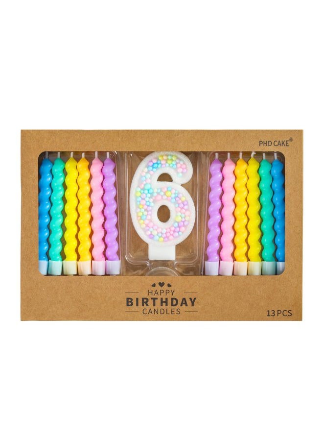 PHD CAKE Number 6 Birthday Candle Macaron Glitter Number Candle with Rainbow Spiral Candles in Holders for Cake Topper, Pastel Sweet Theme Party Decoration - Image 1