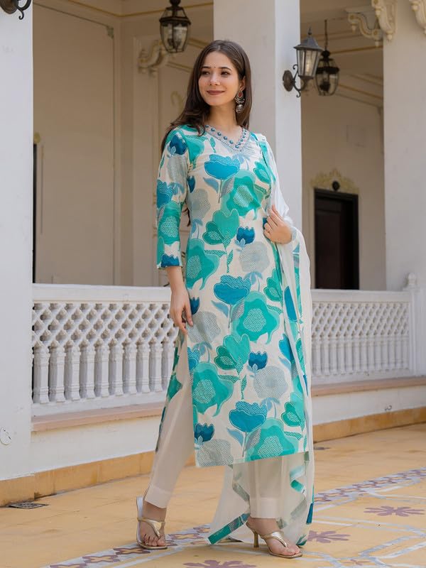 Vaamsi Women's Floral Straight Printed Kurta Pant With Dupatta Set (VKSKD2206_XXL_White) - Image 3