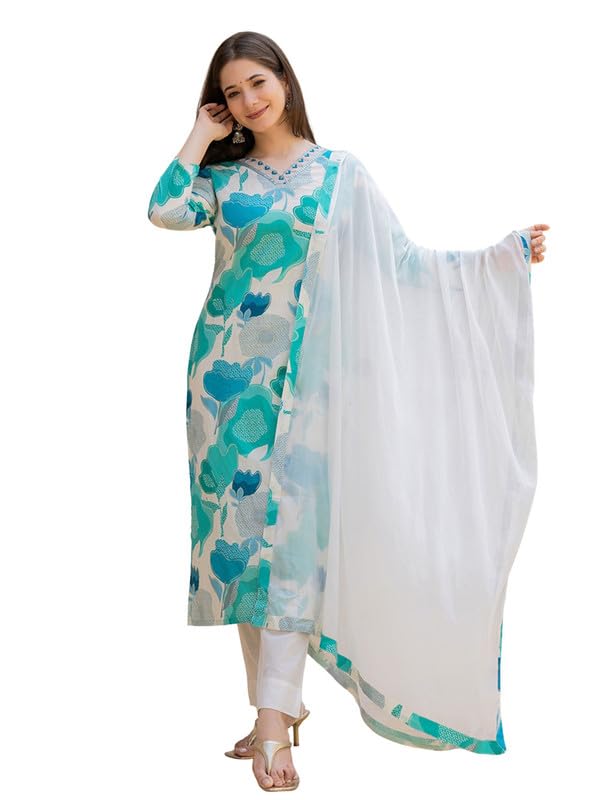 Vaamsi Women's Floral Straight Printed Kurta Pant With Dupatta Set (VKSKD2206_XXL_White) - Image 1