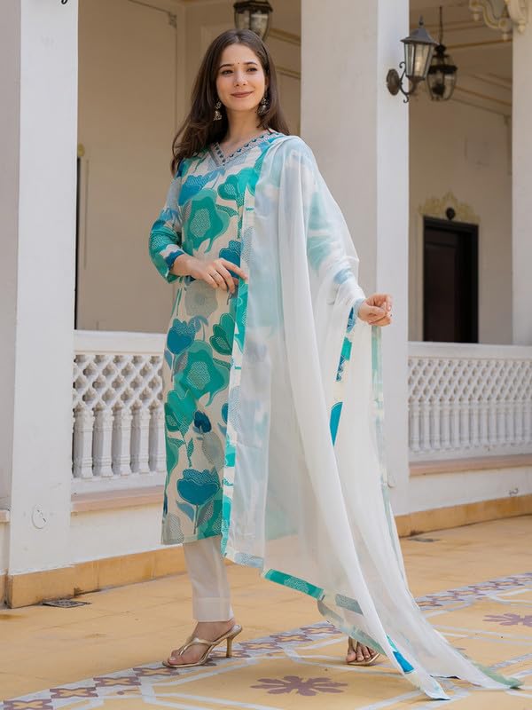 Vaamsi Women's Floral Straight Printed Kurta Pant With Dupatta Set (VKSKD2206_XXL_White) - Image 5