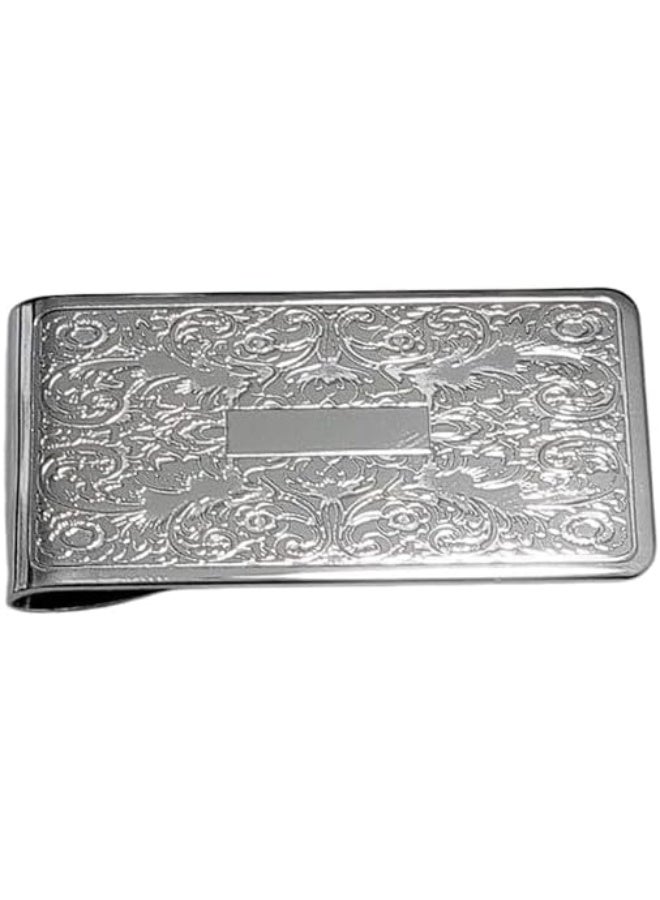 Unisex Money Card Clip, Metal Shiny Chrome Finish with Diamond Cut Engraving - Image 1