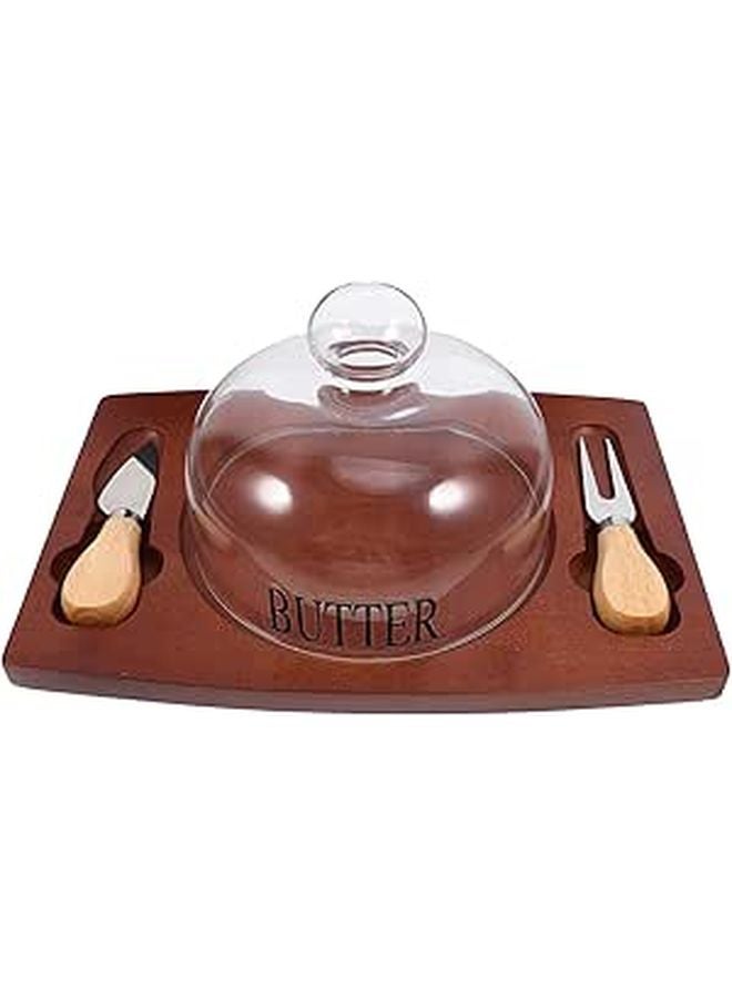 SUPVOX Deep Brown Wooden Butter Dish with Lid and Cutter Glass Cover Kitchen Countertop Storage - Image 1