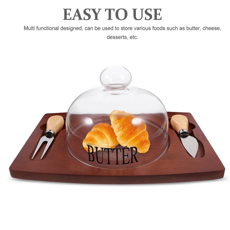 SUPVOX Deep Brown Wooden Butter Dish with Lid and Cutter Glass Cover Kitchen Countertop Storage - Image 4