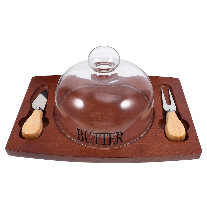 SUPVOX Deep Brown Wooden Butter Dish with Lid and Cutter Glass Cover Kitchen Countertop Storage - Image 2