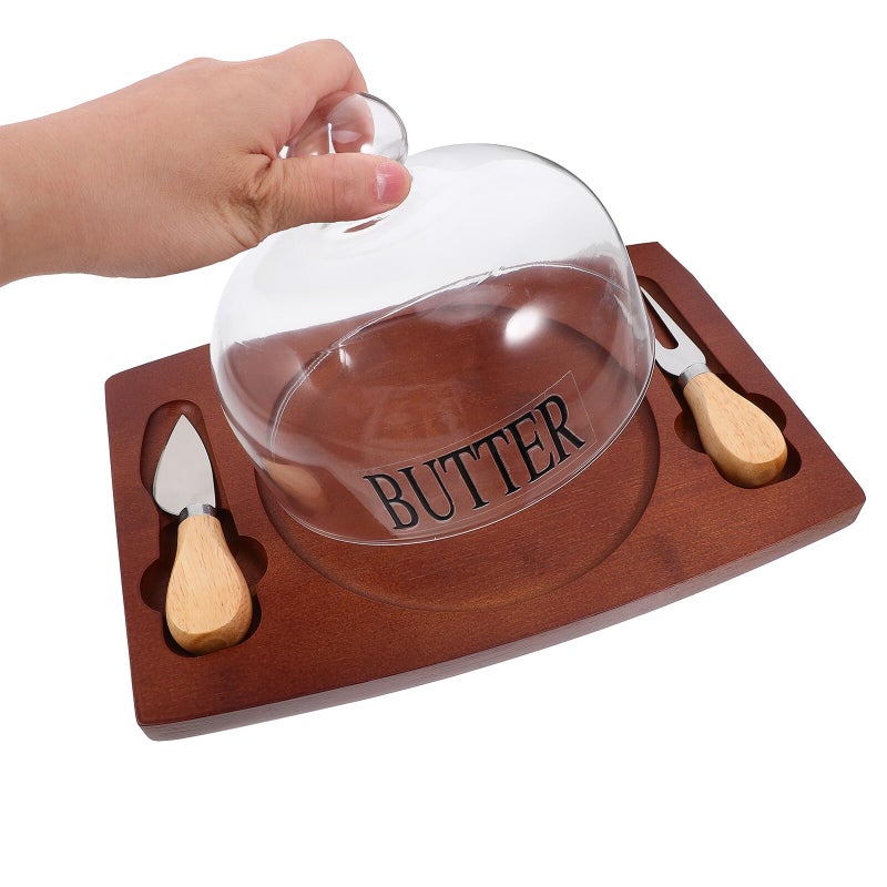 SUPVOX Deep Brown Wooden Butter Dish with Lid and Cutter Glass Cover Kitchen Countertop Storage - Image 5