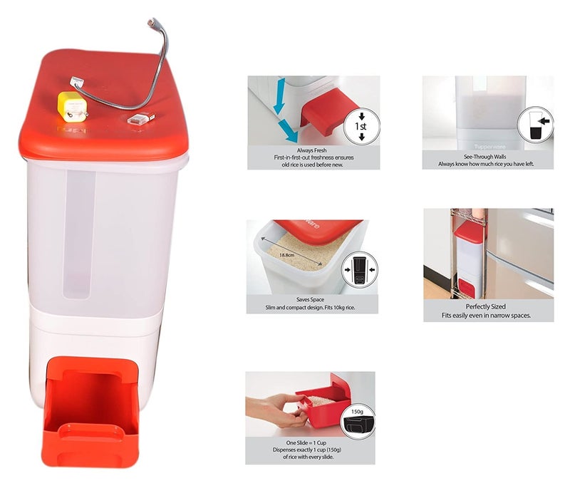 Tupperware Smart Plastic Rice Dispenser Container, 11 Litre, Multicolour - Image 2