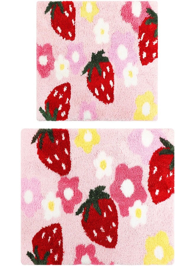 Drydiet Soft Strawberry Bathroom Rug Set - 2 Pieces (16" x 24" & 20" x 32") Non-Slip, Absorbent, Washable Bath Mats for Girls - Bathroom Decor and Doormat(Pink) - Image 1