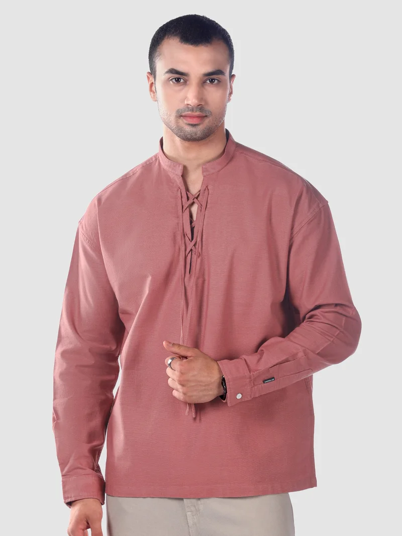 Beyoung Brick Red Oxford Kurta Shirt