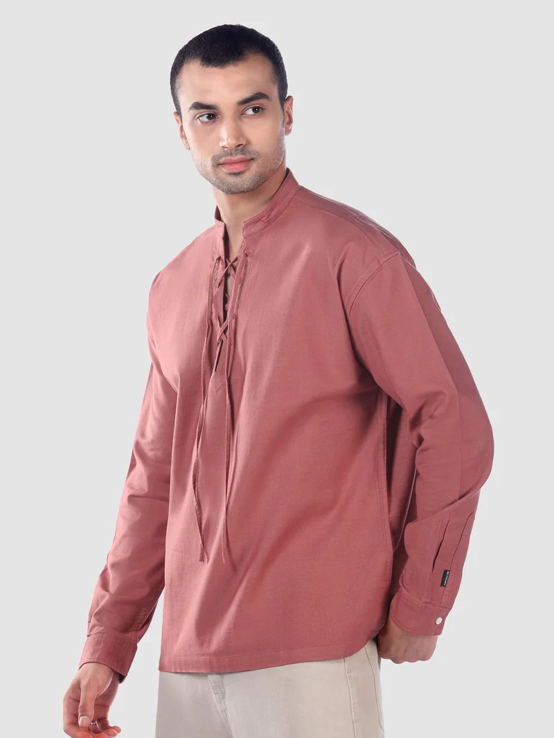 Beyoung Brick Red Oxford Kurta Shirt