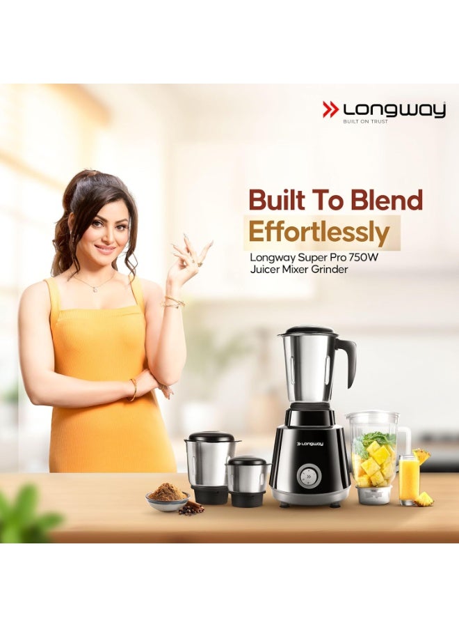 لونج واي Longway Super Pro Mixer Grinder | Up to 700 Watt Powerful Motor | 3 Jars for Grinding, Mixing, Juicing | 2 Year Warranty (Black & Gray, 3 Jars) - Image 4