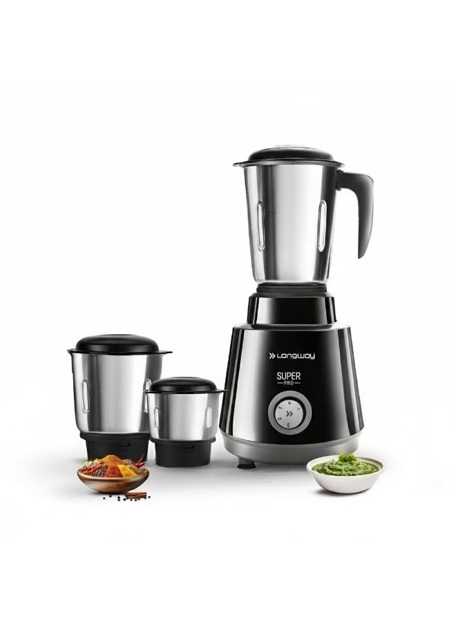 لونج واي Longway Super Pro Mixer Grinder | Up to 700 Watt Powerful Motor | 3 Jars for Grinding, Mixing, Juicing | 2 Year Warranty (Black & Gray, 3 Jars) - Image 1