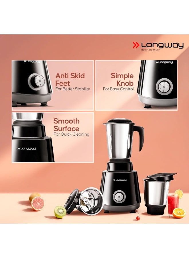 لونج واي Longway Super Pro Mixer Grinder | Up to 700 Watt Powerful Motor | 3 Jars for Grinding, Mixing, Juicing | 2 Year Warranty (Black & Gray, 3 Jars) - Image 3