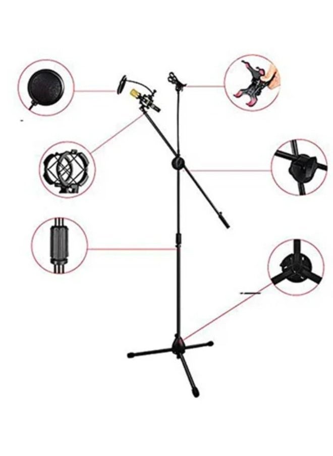 Tripod Floor Stand Kit Adjustable Telescopic Smartphone Holder compatible with Microphone/iPhone/Samsung Galaxy/Huawei/Xiaomi/HTC