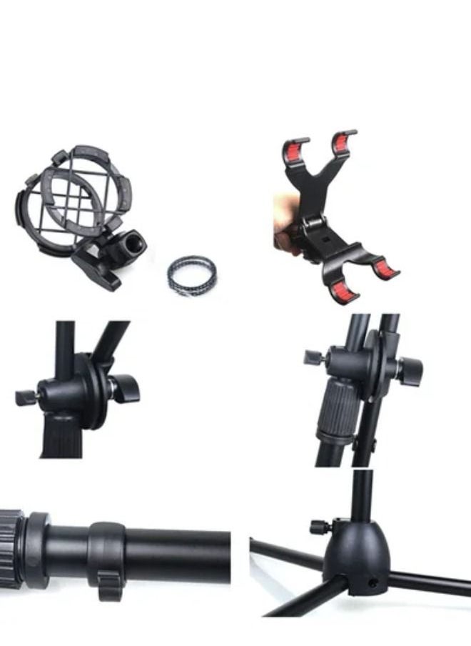 Tripod Floor Stand Kit Adjustable Telescopic Smartphone Holder compatible with Microphone/iPhone/Samsung Galaxy/Huawei/Xiaomi/HTC