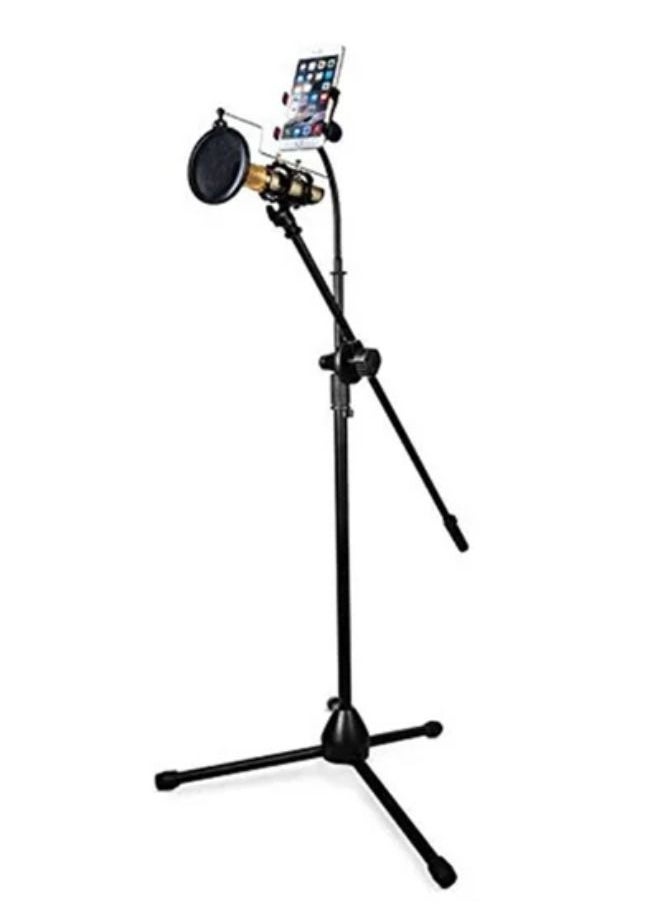 Tripod Floor Stand Kit Adjustable Telescopic Smartphone Holder compatible with Microphone/iPhone/Samsung Galaxy/Huawei/Xiaomi/HTC