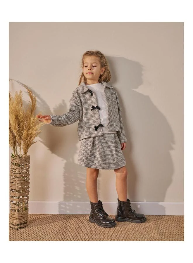 Magu Girls' Cotton Black-and-White Textured Jacket and Skirt Set - 3-Piece Including T-Shirt