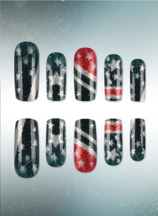 WAFOLOZE 4th of July Nails - Fourth of July Press On Nails Medium Square Fake Nail with American Flag Glitter Design, Red and Blue Five-Pointed Star Acrylic Artificial False Press Ons Stick On Nails for Women - Image 3