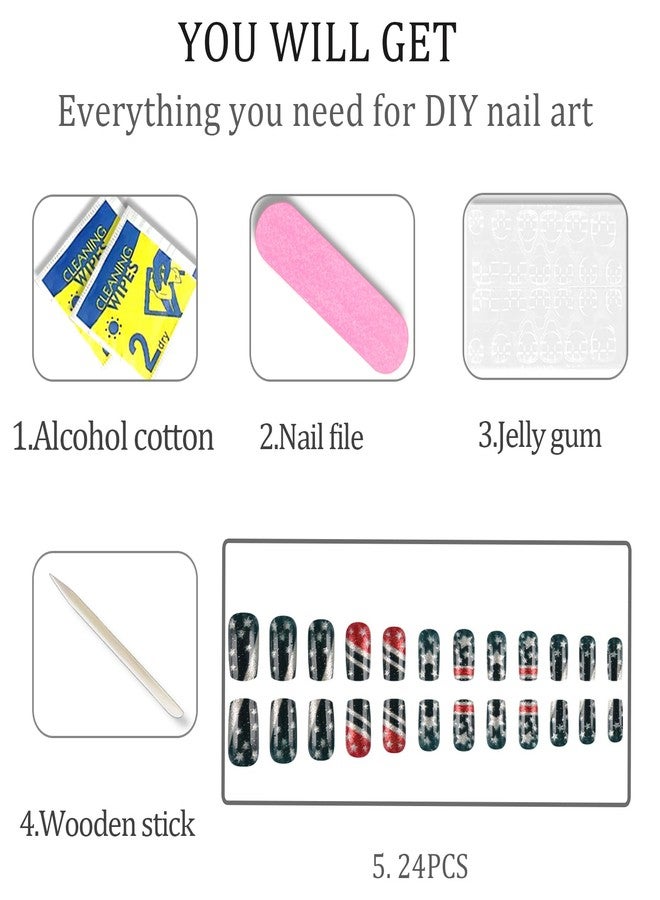 WAFOLOZE 4th of July Nails - Fourth of July Press On Nails Medium Square Fake Nail with American Flag Glitter Design, Red and Blue Five-Pointed Star Acrylic Artificial False Press Ons Stick On Nails for Women - Image 5