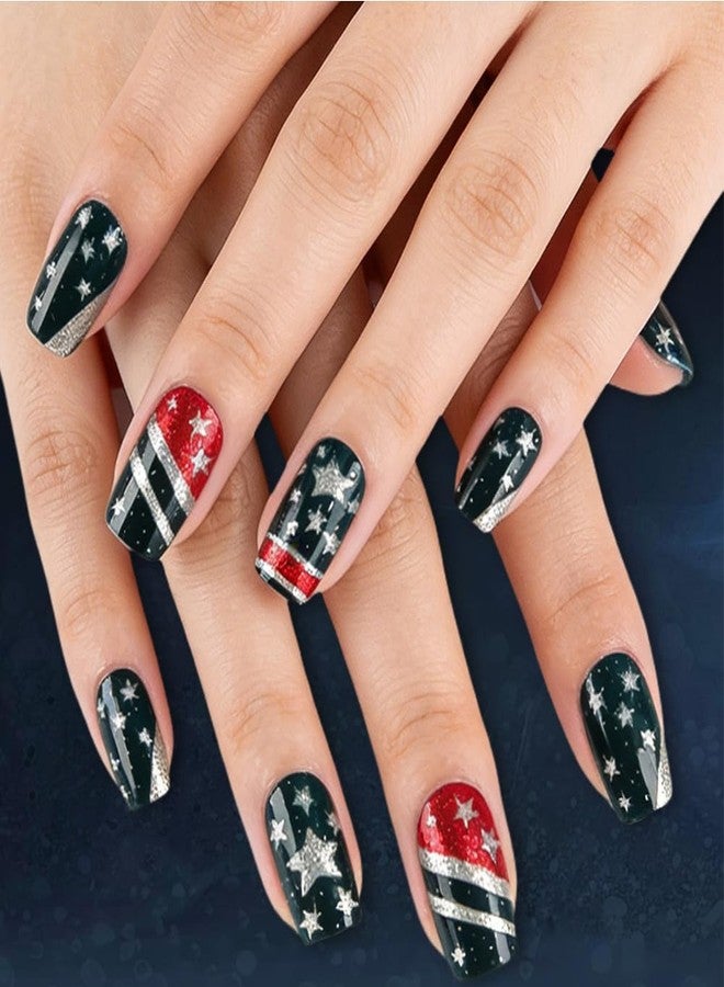 WAFOLOZE 4th of July Nails - Fourth of July Press On Nails Medium Square Fake Nail with American Flag Glitter Design, Red and Blue Five-Pointed Star Acrylic Artificial False Press Ons Stick On Nails for Women - Image 1