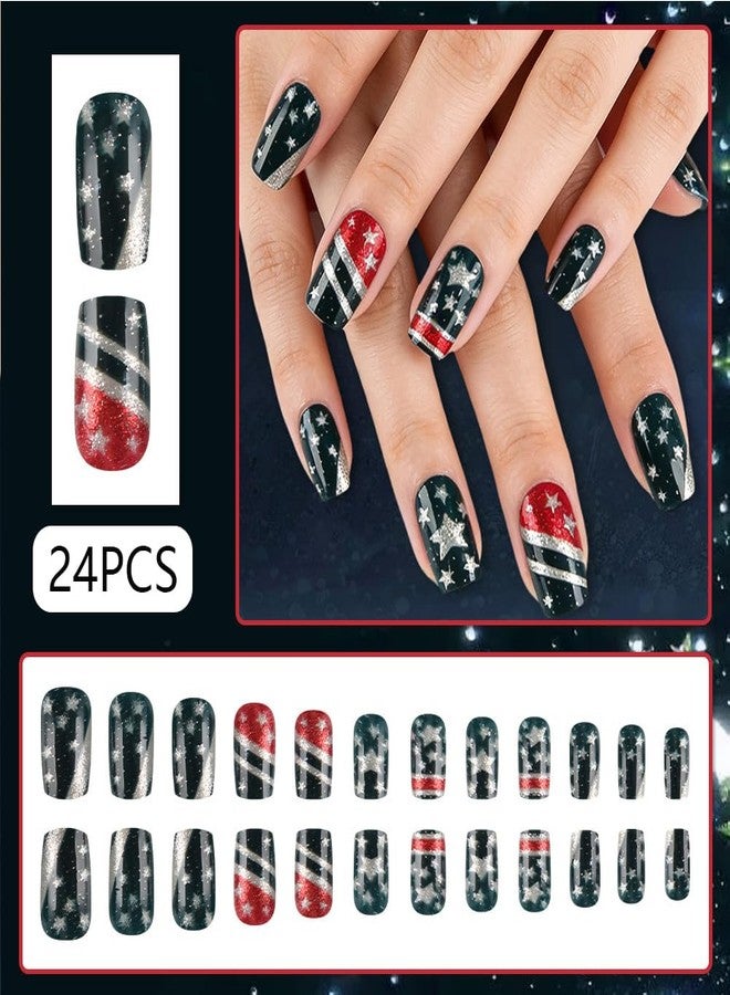 WAFOLOZE 4th of July Nails - Fourth of July Press On Nails Medium Square Fake Nail with American Flag Glitter Design, Red and Blue Five-Pointed Star Acrylic Artificial False Press Ons Stick On Nails for Women - Image 2